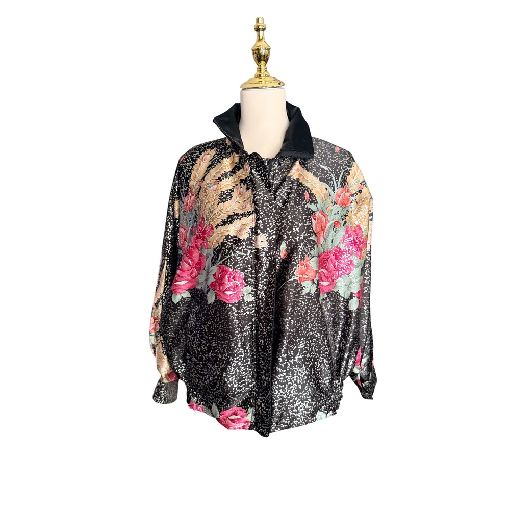 Vintage Reversible Floral Black Bomber Jacket Black Pink Zip Up Windbreaker